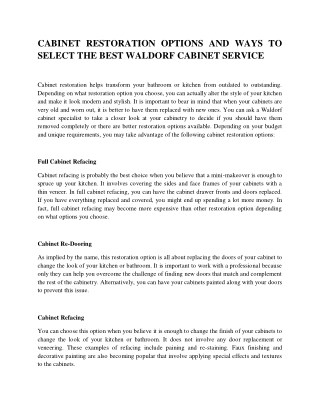 CABINET RESTORATION OPTIONS AND WAYS TO SELECT THE BEST WALDORF CABINET SERVICE