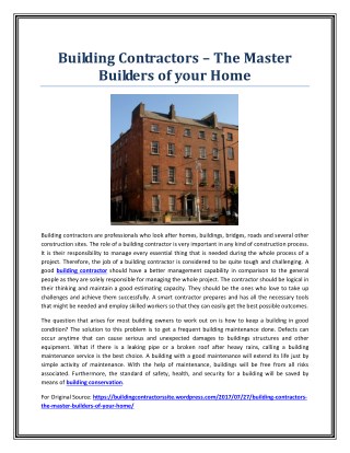 Building Contractors – The Master Builders of your Home