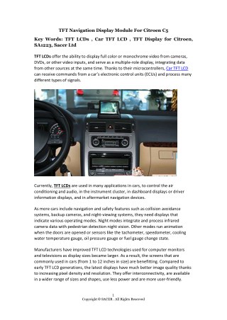 TFT Navigation Display Module For Citroen C5