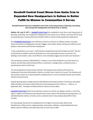 Goodwill Central Coast Moves from Santa Cruz to Expanded New Headquarters in Salinas to Better Fulfill its Mission to Co