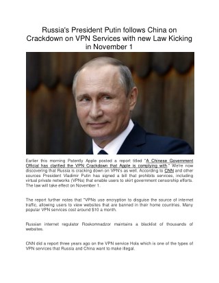 Russia's President Putin follows China on Crackdown on VPN Services with new Law Kicking in November 1