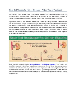 Stem Cell Therapy for Kidney Diseases - A New Way of Treatment