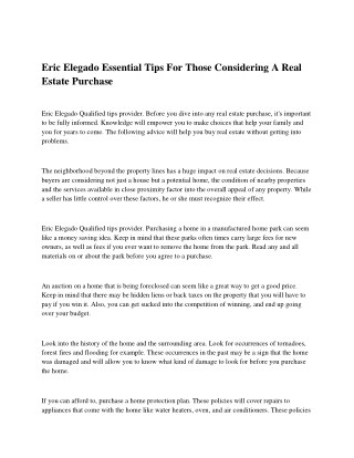 Eric Elegado Essential Tips For Those Considering A Real Estate Purchase