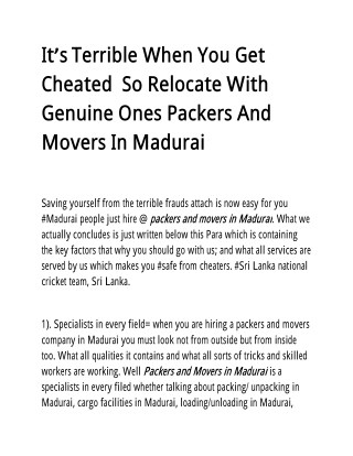 It’s Terrible When You Get Cheated So Relocate With Genuine Ones Packers And Movers In Madurai