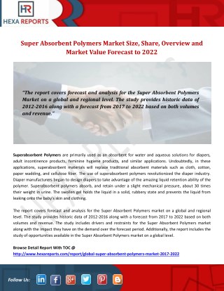 Super Absorbent Polymers Market Service Estimate and Trend Analysis to 2022