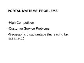 PORTAL SYSTEMS’ PROBLEMS High Competition Customer Service Problems Geographic disadvantage (Increasing tax rates...etc.