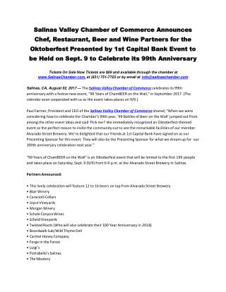 Salinas Valley Chamber of Commerce Announces Chef, Restaurant, Beer and Wine Partners