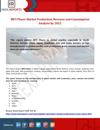 MP3 Player Market Production, Revenue and Consumption Analysis by 2022