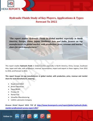 Hydraulic Fluids Study of Key Players, Applications & Types Forecast To 2022