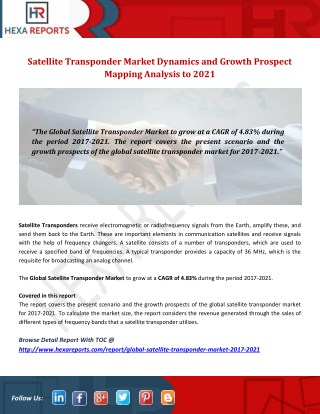 Satellite Transponder Market Dynamics and Growth Prospect Mapping Analysis to 2021