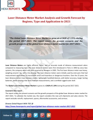 Laser Distance Meter Market Analysis and Growth Forecast by Regions, Type and Application to 2021