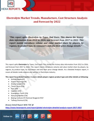 Electrolyte Market Trends, Manufacture, Cost Structure Analysis and Forecast by 2022