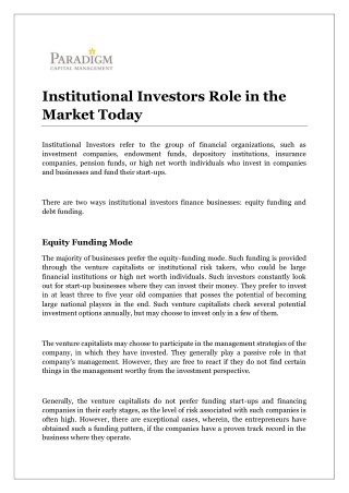 Institutional Investors Role in the Market Today