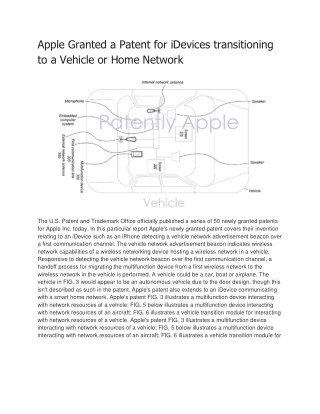 Apple Granted a Patent for iDevices transitioning to a Vehicle or Home Network