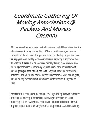 Coordinate Gathering Of Moving Associations @ Packers And Movers Chennai
