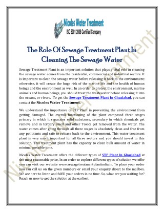 The Role Of Sewage Treatment Plant In Cleaning The Sewage Water