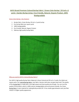 AAYU Brand Premium Colored Burlap Fabric | Green Color Burlap | 39 inch x 5 yards | Garden Burlap Lining | Eco-Friendly,
