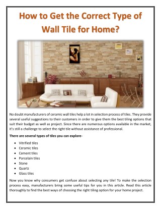 How to Get the Correct Type of Wall Tile for Home?