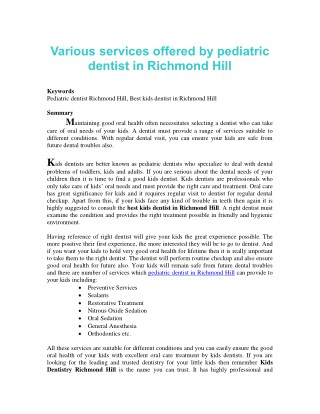 Various services offered by pediatric dentist in Richmond Hill