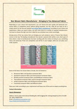 Non Woven Fabric Manufacturer – Bringing to You Advanced Fabrics