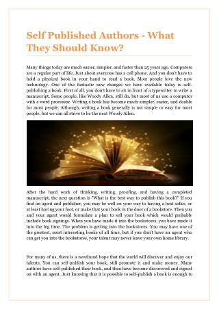 Self Published Authors - What They Should Know?