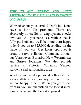 Instant way to get quick approval on car title loans in British Columbia