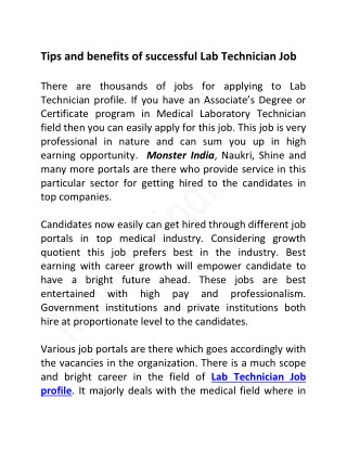 Tips and benefits of successful Lab Technician Job