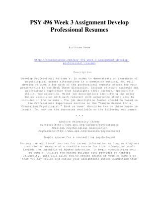 PSY 496 Week 3 Assignment Develop Professional Resumes
