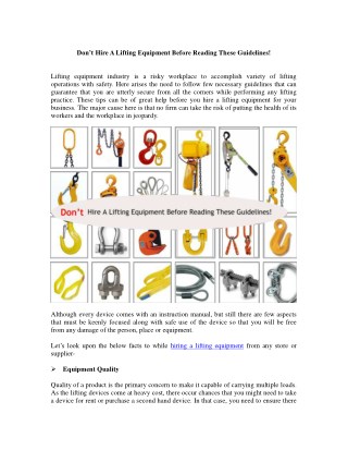 Don’t Hire Any Lifting Equipment before reading these Guidelines!