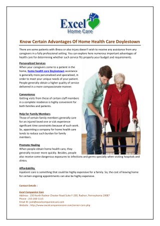 Know Certain Advantages Of Home Health Care Doylestown