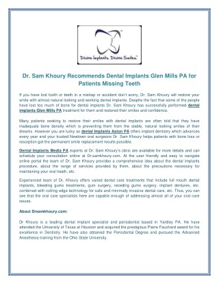 Dr. Sam Khoury Recommends Dental Implants Glen Mills PA for Patients Missing Teeth