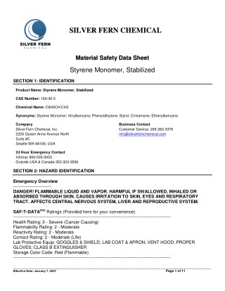 Material Safety Data Sheet of Styrene Monomer