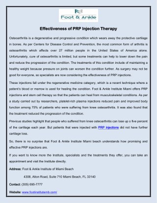 Effectiveness of PRP Injection Therapy