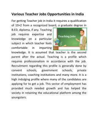 Various Teacher Jobs Opportunities in India