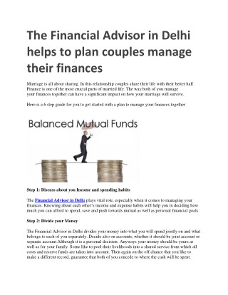 The Financial Advisor in Delhi helps to plan couples manage their finances