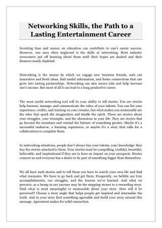 Networking Skills, the Path to a Lasting Entertainment Career