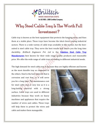 Why Steel Cable Tray Is The Worth Full Investment ?