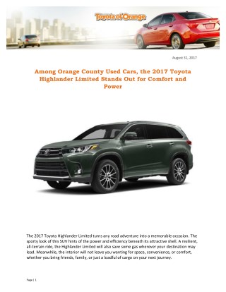 Among Orange County Used Cars, the 2017 Toyota Highlander Limited Stands Out for Comfort and Power