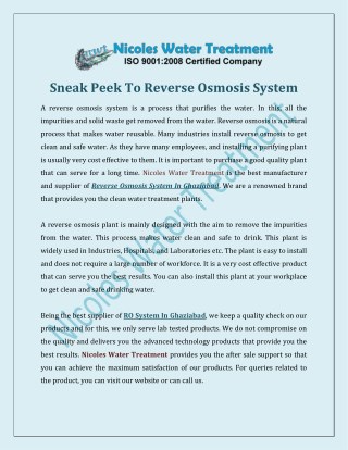 Sneak Peek To Reverse Osmosis System