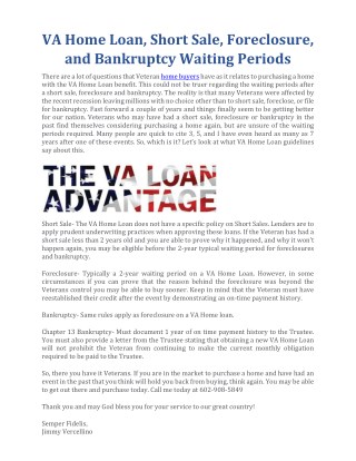 VA Home Loan, Short Sale, Foreclosure, and Bankruptcy Waiting Periods