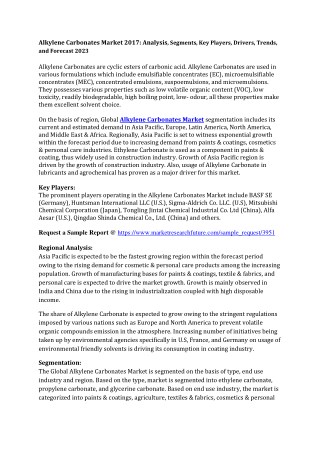 Alkylene Carbonates Market 2017: Analysis, Size, Share, Growth and Trends by Forecast to 2023