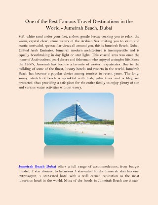 One of the Best Famous Travel Destinations in the World - Jumeirah Beach, Dubai