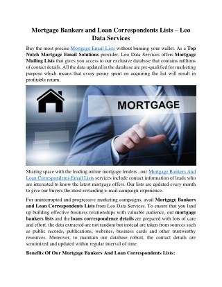 Mortgage Bankers and Loan Correspondents Lists – Leo Data Services
