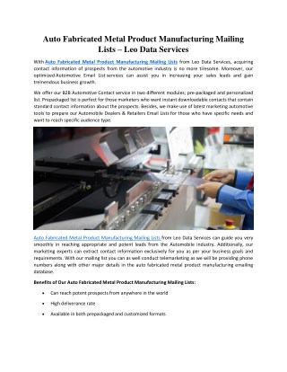Auto Fabricated Metal Product Manufacturing Mailing Lists – Leo Data Services