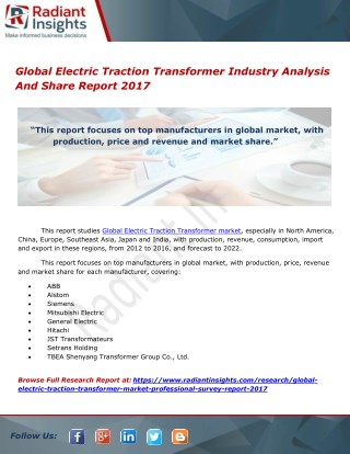 Global Electric Traction Transformer Industry Analysis And Share Report 2017