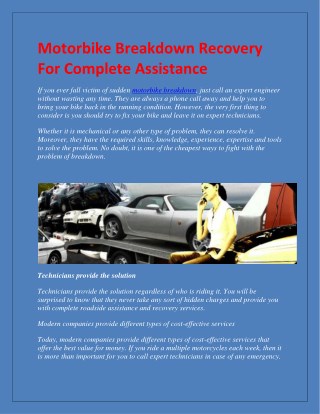 Motorbike Breakdown Recovery For Complete Assistance