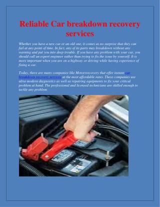 Reliable Car breakdown recovery services