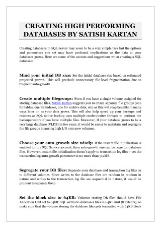 CREATING HIGH PERFORMING DATABASES BY SATISH KARTAN