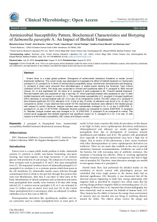 Trivedi Effect - Antimicrobial Susceptibility Pattern, Biochemical Characteristics and Biotyping of Salmonella paratyphi