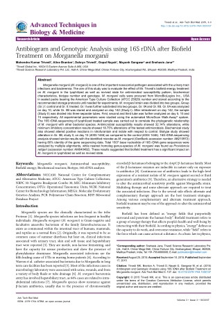 Trivedi Effect - Antibiogram and Genotypic Analysis using 16S rDNA after Biofield Treatment on Morganella morganii